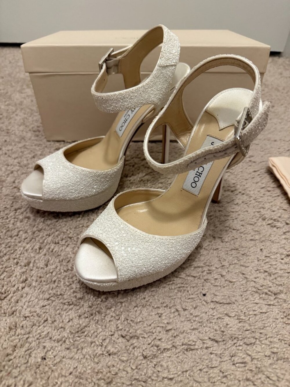 Jimmy Choo Linda Glitter Platform Sandals White/Champagne Size 38 W/Box & Dust